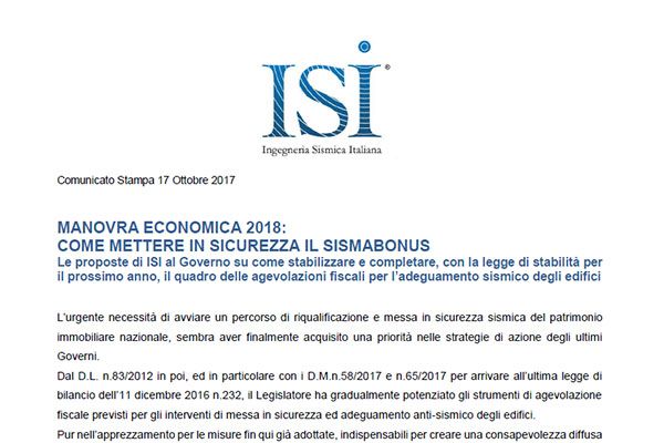 Comunicato Stampa ISI. MANOVRA ECONOMICA 2018: COME METTERE IN SICUREZZA IL SISMABONUS