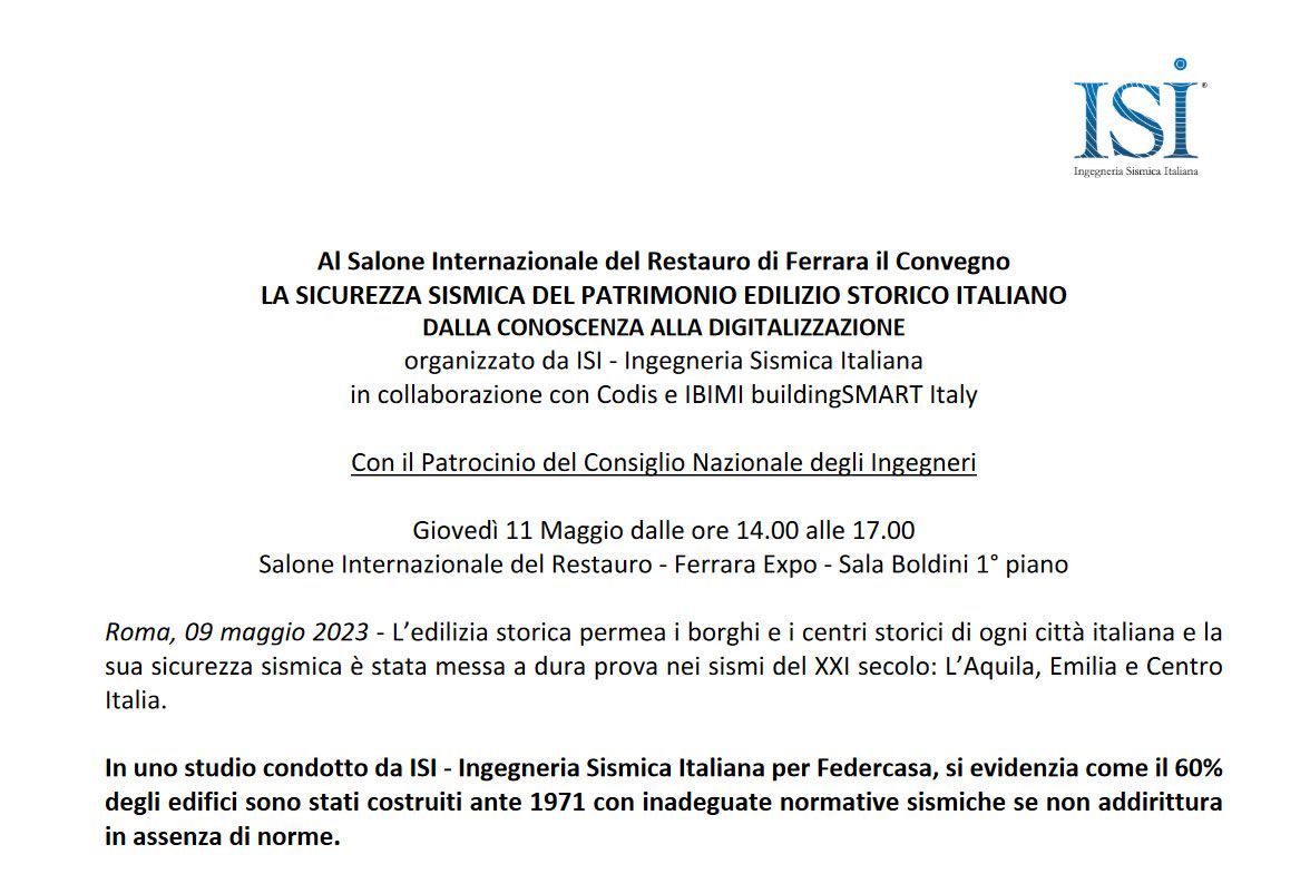 Comunicato Stampa - Convegno 11 maggio 2023 - LA SICUREZZA SISMICA DEL PATRIMONIO EDILIZIO STORICO ITALIANO