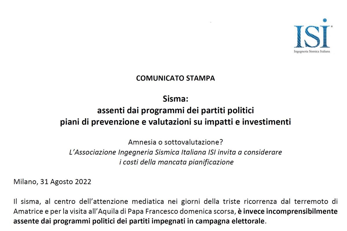 COMUNICATO STAMPA - Sisma: assenti dai programmi dei partiti politici piani di prevenzione e valutazioni su impatti e investimenti